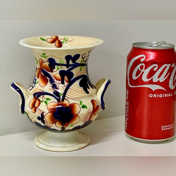 c. 1830 Vtg Gaudy Welsh Pansy Pattern Hand Painted Snake Head Handled Vase - Picture 6 of 16